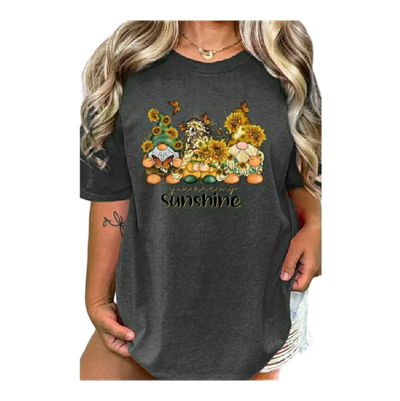 Plus Size Floral & Gnome Graphic Print T-Shirt, Dark Gray, NWT - Picture 1 of 2